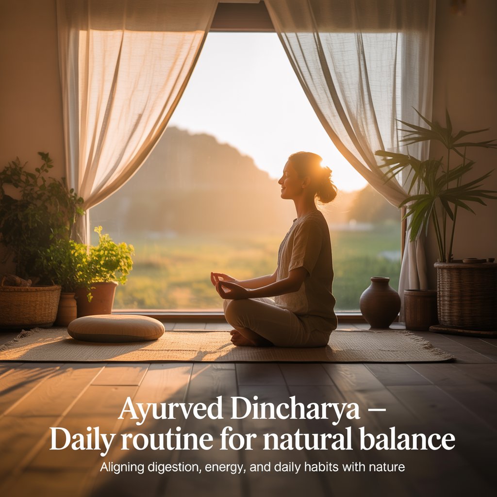 woman practicing ayurved dincharya morning meditation for natural balance and healthy daily routine