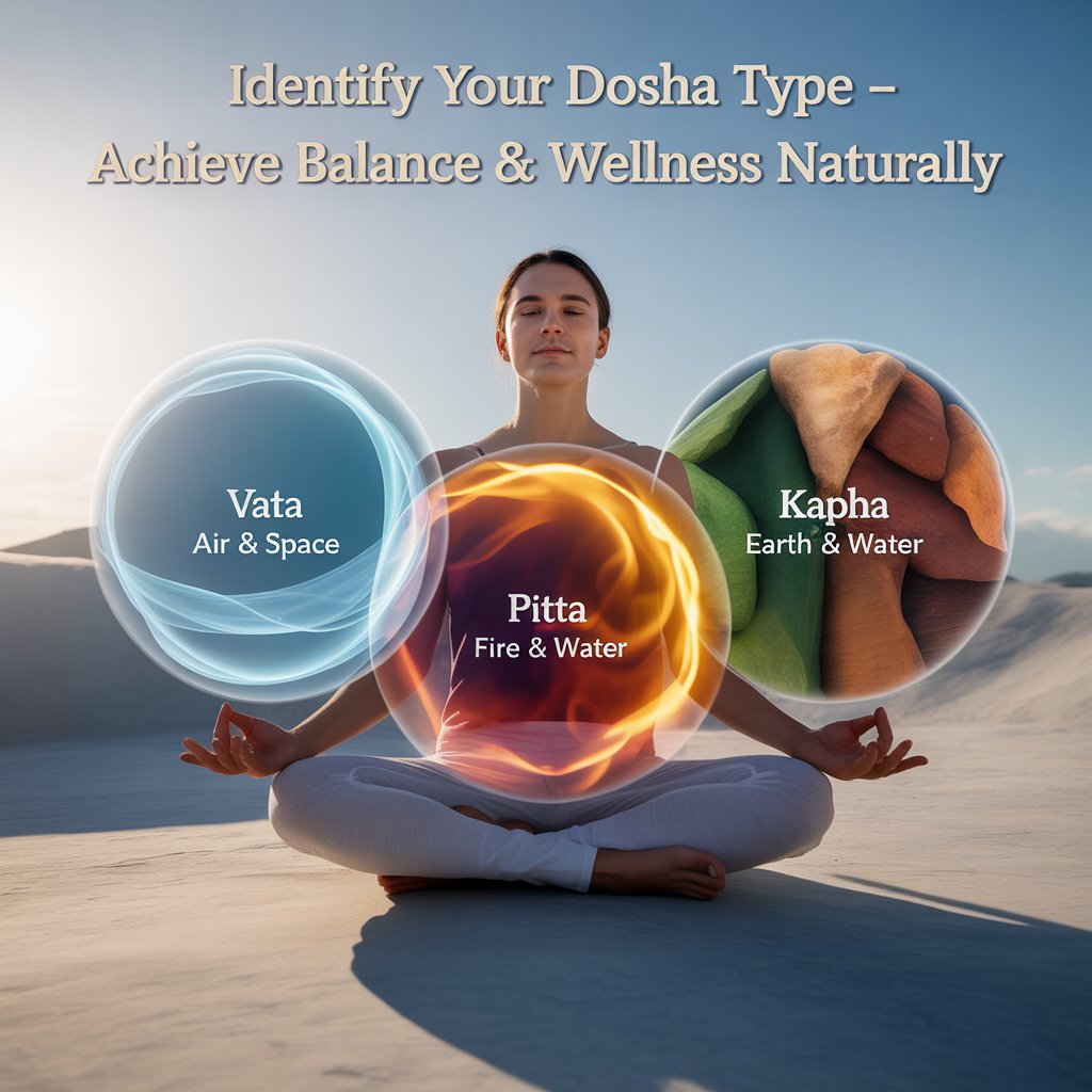 Dosha types in Ayurveda showing Vata air and space, Pitta fire and water, and Kapha earth and water with meditation for balance