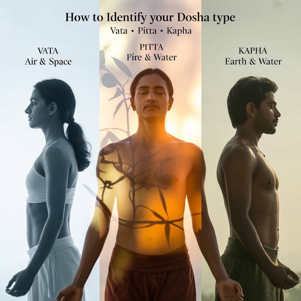 Ayurvedic dosha types explained showing Vata air and space, Pitta fire and water, and Kapha earth and water body types