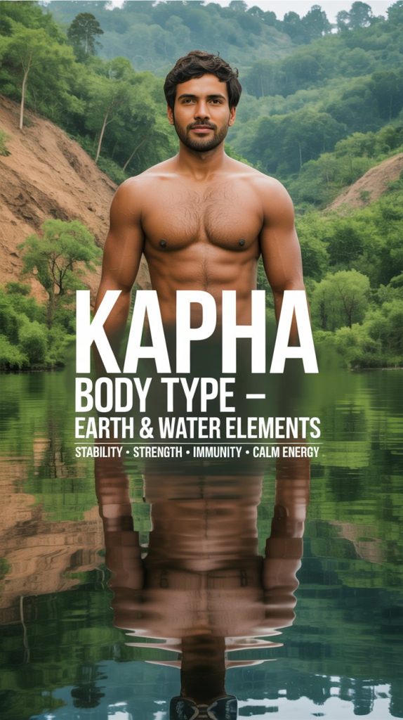 Kapha body type representing earth and water elements, showing stability, strength, strong immunity, and calm energy according to Ayurveda
