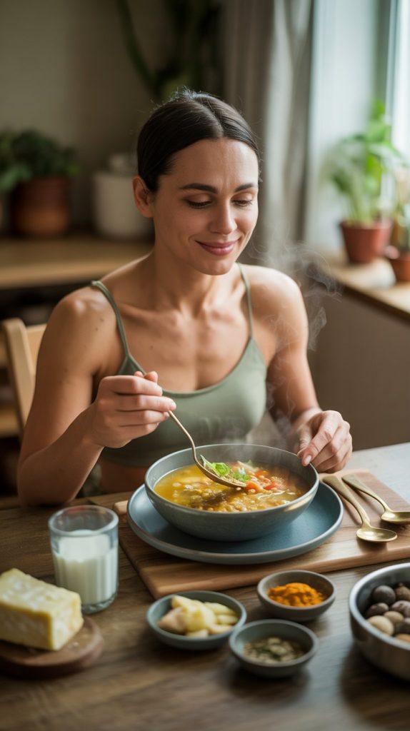 Kapha body type woman eating warm healthy Ayurvedic food to balance Kapha dosha