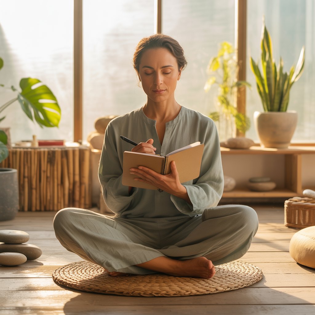 woman practicing self observation to identify dosha type using ayurveda and mindful awareness