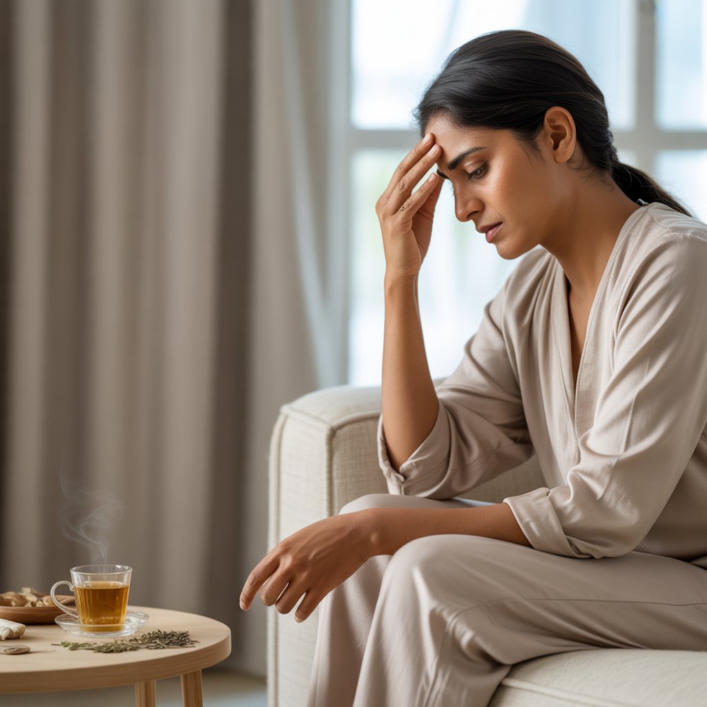 Woman experiencing hormonal imbalance symptoms, stress and fatigue, seeking natural hormonal balance through Ayurveda