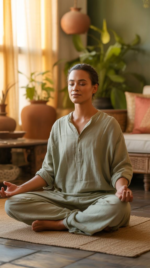 Woman practicing meditation and yoga to balance Kapha body type, promoting calm mind, stability, and healthy routine in Ayurveda