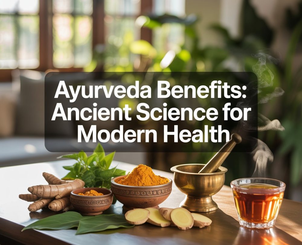 Ayurveda benefits illustrated with turmeric, ginger, herbal tea, and Ayurvedic ingredients promoting natural health.