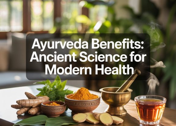 Ayurveda benefits illustrated with turmeric, ginger, herbal tea, and Ayurvedic ingredients promoting natural health.