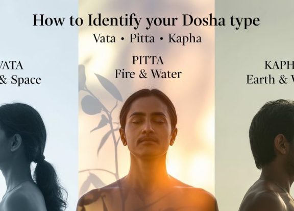 Ayurvedic dosha types explained showing Vata air and space, Pitta fire and water, and Kapha earth and water body types
