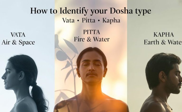 Ayurvedic dosha types explained showing Vata air and space, Pitta fire and water, and Kapha earth and water body types